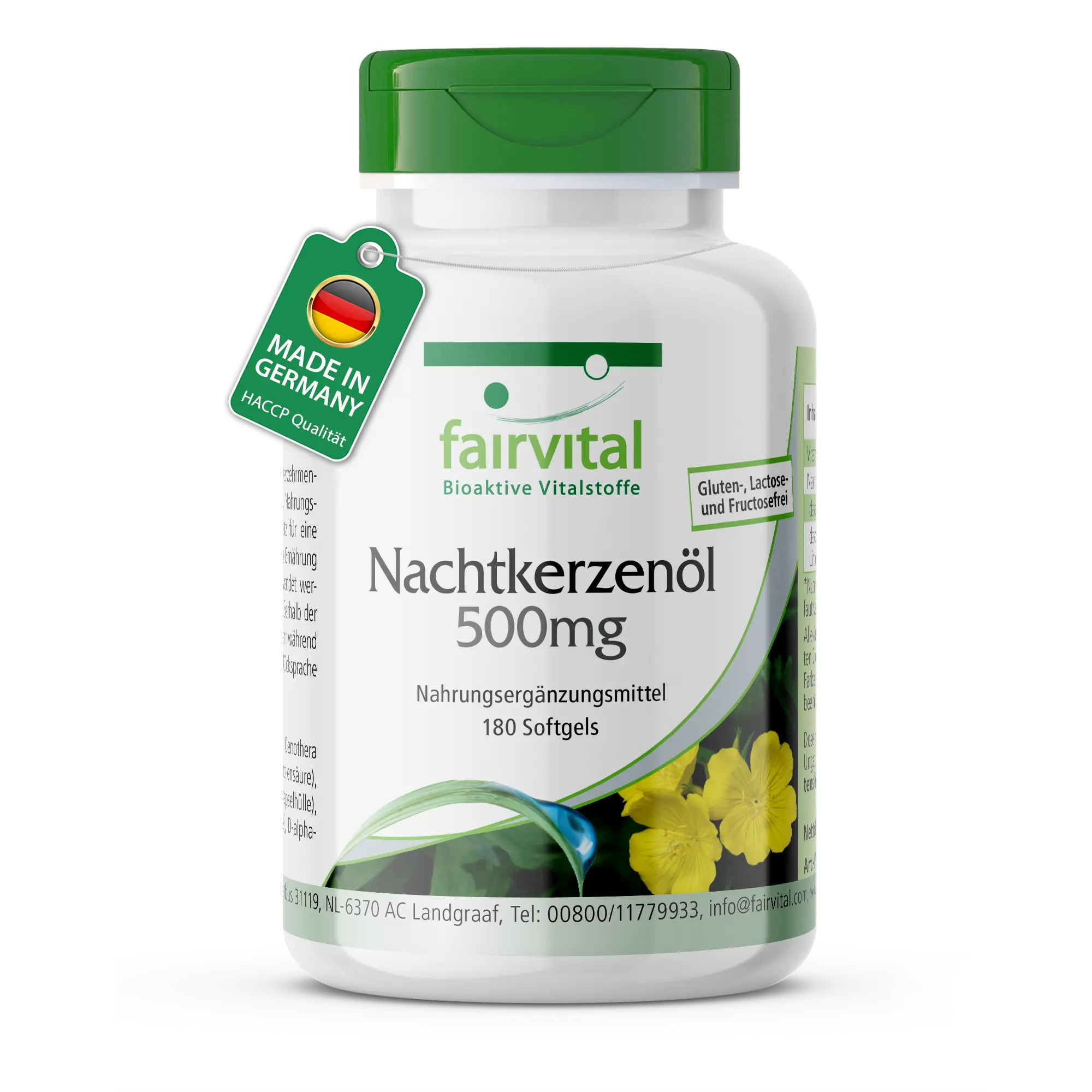 Aceite de onagra 500 mg - 180 cápsulas blandas - con vitamina E - más del 100% del requerimiento diario | Fairvital